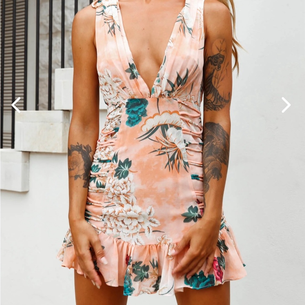Come Alive String Detail Deep V-Neck Dress Botanic Print Orange